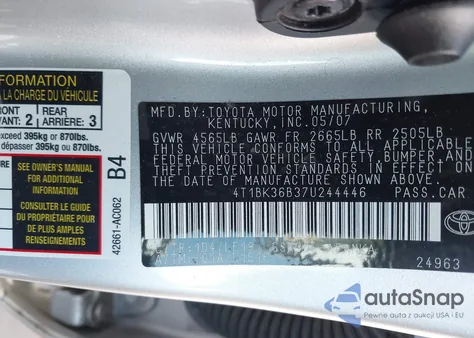 2007 Toyota Avalon Xl z USA, uszkodzony, nr VIN 4T1BK36B37U244446